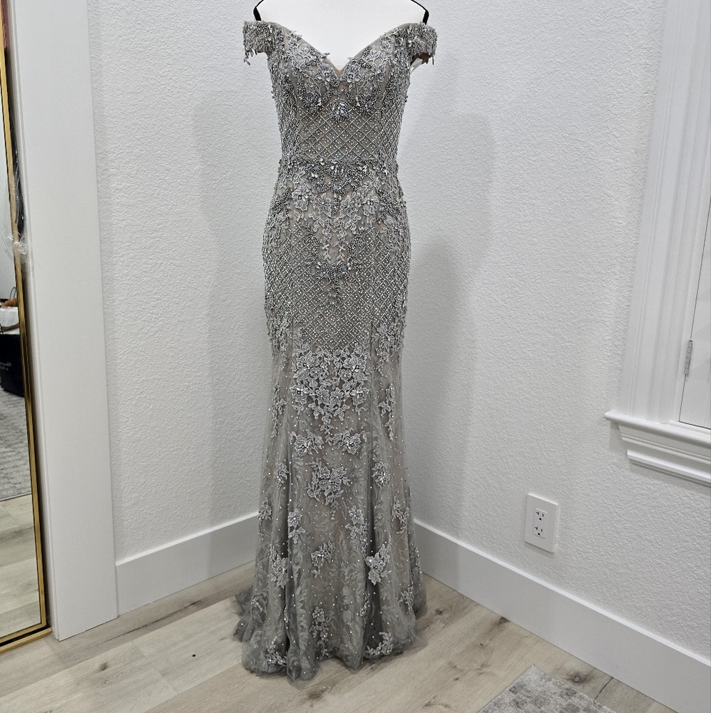 Terani Silver Gray Formal Gown Beaded Floral Applique And Lace Size 2